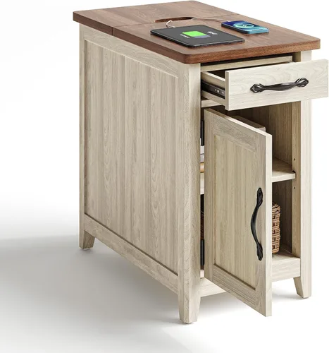 Vista 12 de LINSY HOME - Mesa auxiliar con estación de carga, mesa lateral para dormitorio con cajón y soporte desmontable, estante de almacenamiento con puerta