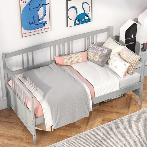 Vista 11 de KOMFOTT Marco de sofá cama de madera tamaño matrimonial, marco de sofá cama con soporte de listones de madera, no necesita somier, marco de sofá