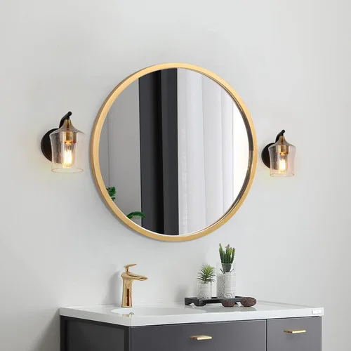 Vista 4 de ZEVNI Apliques de pared modernos de granja, apliques de pared negros y dorados de 1 luz, luces de tocador con pantalla de vidrio sembrado