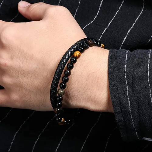 Vista 3 de Long tiantian Mens Bracelet Bracelet for Men Leather Cuff Bracelet Black Leather Wrap Bracelet Studded Boho Cuff Bracelets Handmade Splicing Bangle