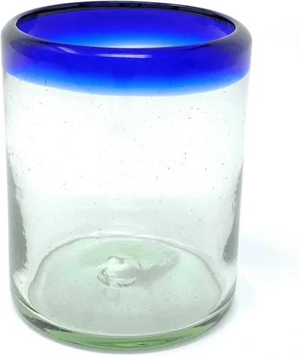 Vista 7 de Hand Blown Mexican Drinking Glasses - Set of 6 Tumbler Glasses with Cobalt Blue Rims (10 oz each)