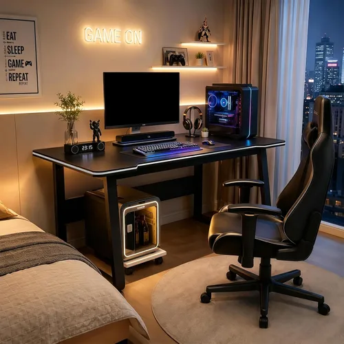 Vista 6 de Escritorio para videojuegos, mesa de escritura para computadora, estilo simple, de madera, portátil, adecuado para el hogar, la oficina Negro