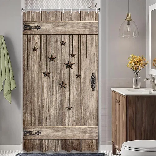 Vista 5 de JAWO Country Outhouse - Cortina de ducha para puerta de granero de madera rústica, Islam, luna creciente y estrella para viajes, remolque, camping