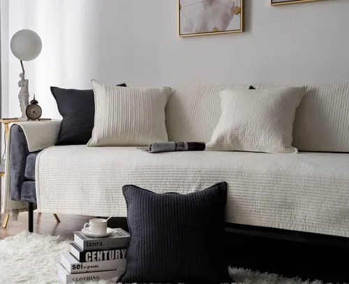 Vista 3 de vctops Funda de algodón a rayas sólidas para sofá, antideslizante, acolchada, lavable, protector de muebles suave para mascotas, niños, perros Crema