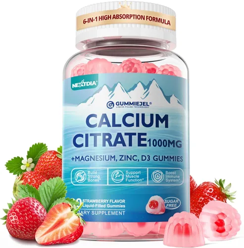 Citrato de calcio Vitamina D3 1000IU Gomitas para mujeres y hombres, complejo de salud ósea sin azúcar con calcio, magnesio, zinc potasio y B6, alta