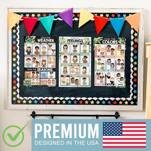 Vista 4 de Hadley Designs Carteles de lenguaje de señas para decoración de aula, 8 carteles ASL para el aula, tabla de lenguaje de señas estadounidense