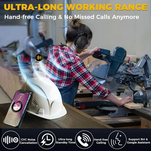 Vista 6 de Kalence Auriculares con Bluetooth 6.0, protección auditiva con tiempo de trabajo de 120H, orejeras de seguridad de 30dB, auriculares recargables