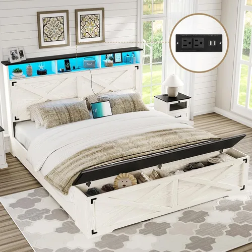 Vista 11 de DICTAC - Base de cama estilo granja tamaño Queen con cabecera de almacenamiento y estación de carga, base de cama de plataforma de madera