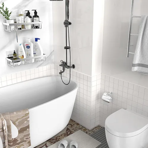 Vista 8 de Moforoco Estante organizador de estante para ducha, cesta autoadhesiva negra para estantes de baño, decoración interior de pared de casa de campo