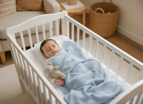 Vista 6 de Manta envolvente tejida de algodón orgánico Bleu La La para niños - 100% algodón orgánico suave de lujo - Manta de arrullo y acurrucamiento cálida