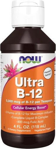 NOW Suplementos, Ultra B-12, líquido, 800 mcg de ácido fólico, producción de energía celular*, 4 onzas de NOW Sports - Nutrition and Wellness