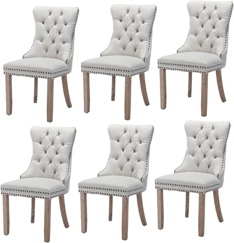 Vista 102 de Juego de 2 sillas de comedor modernas para sala de estar, cocina, patas de madera maciza, cojín acolchado de tela de lino, asiento y respaldo