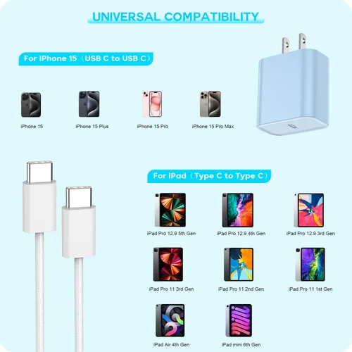 Vista 2 de Certificado Apple MFi: cargador rápido USB C de 20 W para iPhone 17, 16, 15, paquete de 3 cables de carga rápida tipo C de 6 pies para iPhone 17/17