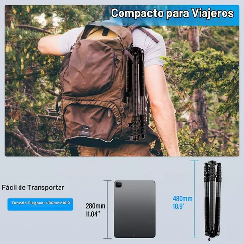 Vista 5 de SIRUI Trípode de viaje de fibra de carbono - Trípode compacto ligero de 55.1 pulgadas con cabezal de bola panorámica de 360°, placa de liberación