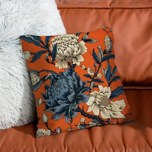 Vista 7 de Funda de cojín con diseño de flores de caqui chinoiserie, color naranja, azul marino, peonía, funda de almohada cuadrada rústica para sofá