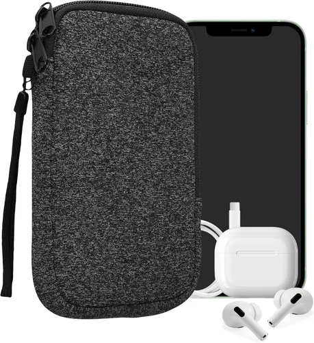 Vista 97 de kwmobile Bolsa de neopreno para teléfono tamaño XL - 6.7/6.8 pulgadas - Funda universal para celular con cremallera, correa para la muñeca, amarillo