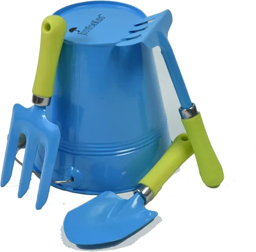 Vista 2 de JustForKids - Juego de 2 herramientas de jardín, cubos de metal verde y azul con mini pala, rastrillo y cultivador, asas de madera, herramientas