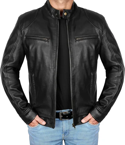 Chaqueta de motociclista de cuero negro para hombre - Chaqueta de moto para hombre de piel de cordero real