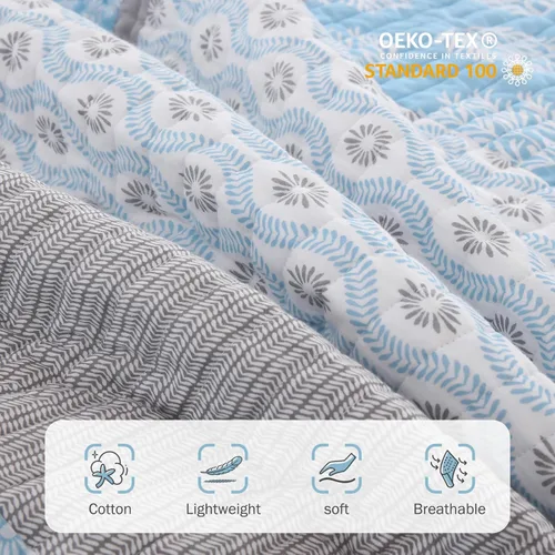 Vista 4 de Y-PLWOMEN Juego de edredón floral Queen de 3 piezas, 100 % algodón, reversible, ligero, suave, para todas las estaciones, azul claro/blanco/gris