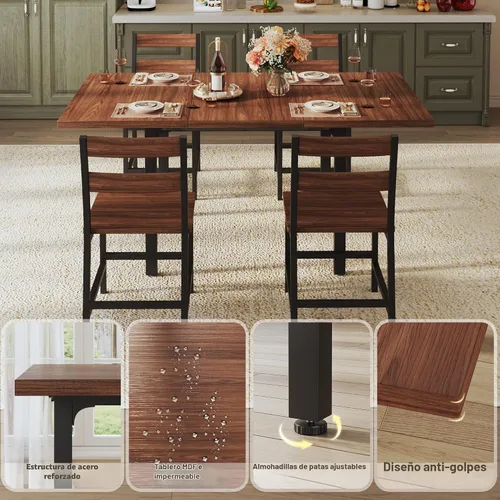 Vista 7 de ALEXNUTRE Juego de mesa de comedor para 4, juego de mesa de cocina extensible y 4 sillas, respaldo curvo, mesa de comedor con tablero de MDF y marco