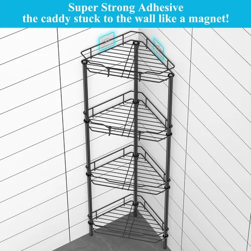 Vista 2 de 4 Tier Floor Standing Corner Shower Caddy Organizer Shelf with Hooks, Bathroom Shelves Stand Rack, Black