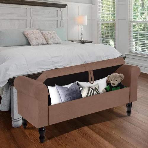 Vista 2 de Polar Aurora Banco de almacenamiento con sofá otomano tapizado con brazo enrollado y patas de madera maciza para dormitorio, extremo de cama