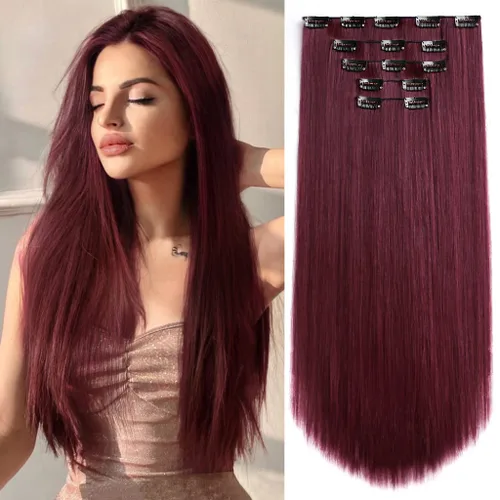 Vista 9 de Extensiones de cabello sintético con clip, color burdeos de 18 pulgadas de largo, invisibles, gruesas, extensiones de cabello lacio con clips, 5