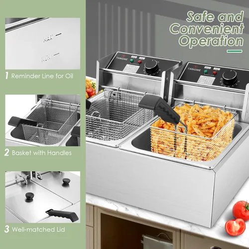 Vista 3 de Freidora comercial – Freidora eléctrica de 3400 W con cestas de 2 x 6.35 cuartos de galón, freidora de aceite de encimera de acero inoxidable