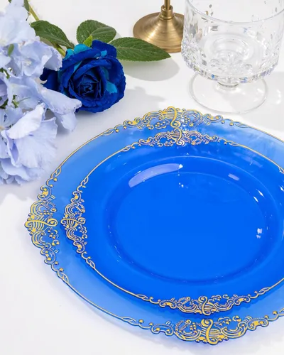 Vista 2 de Nervure 175 platos de plástico azul, juego de vajilla desechable para 25 Azul transparente
