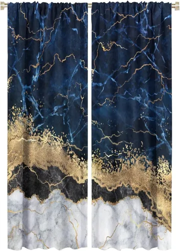 Vista 63 de Cortinas abstractas de mármol de lujo de lujo azul marino dorado a rayas con patrón de mármol estampado para dormitorio, sala de estar, cortinas