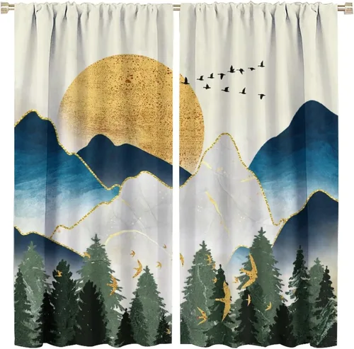 Cortinas opacas abstractas de bosque y montaña para sala de estar, estilo retro, de mediados de siglo, bohemio, con diseño de mármol, aislamiento