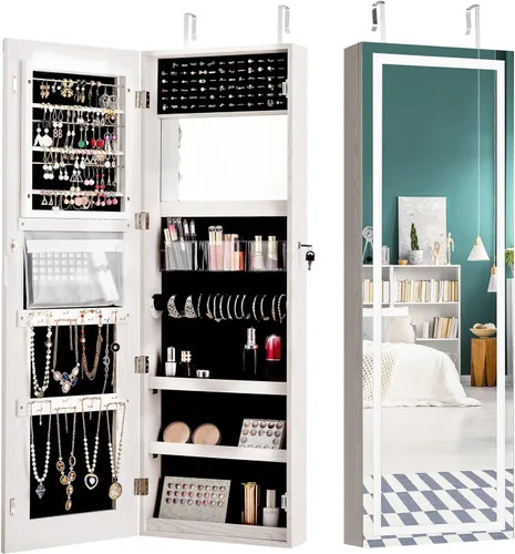 NAFORT Armario de joyerÃ­a con espejo LED de longitud completa, armario de joyerÃ­a con cerradura con espejo, espejo de joyerÃ­a montado en la
