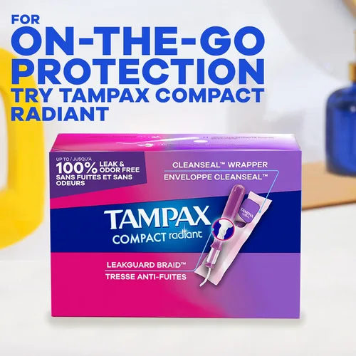 Vista 13 de Tampax Radiant tampones para mujeres, multipack, con trenza LeakGuard, absorbencia regular/súper/súper plus, sin perfume, 28