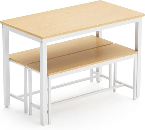 Vista 7 de Dining Table Set, Bar Table with 2 Dining Benches, Kitchen Table Counter with Chairs, for Kitchen Breakfast Table, Living Room, Party Room, Natural