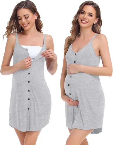 Vista 4 de SWOMOG Conjunto de camisón de lactancia y bata de encaje 3 en 1 para mujer, vestido de lactancia con botones de parto y 2 piezas para dormir
