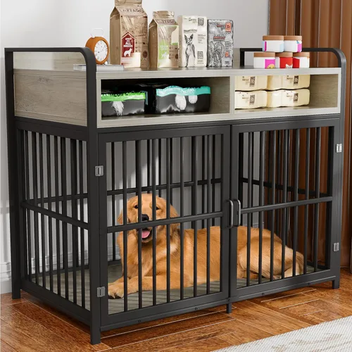 Vista 13 de Jaula Grande para Perros de Mueble, Perrera para Perros de Interior, Mesa de Jaula para Perros de Madera con Cajones de Almacenamiento, Jaula