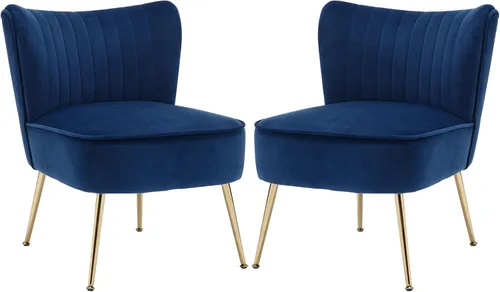 Vista 10 de ABET Juego de 2 sillas decorativas, sillas de terciopelo sin brazos para sala de estar con respaldo de ala copetuda y patas de metal dorado, cómodas