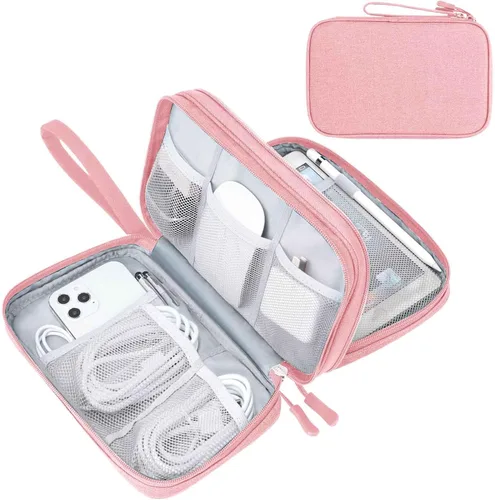 Vista 32 de FYY Organizador para cosas electrónicas, para viajes, para cables, celular y auriculares, estuche portátil, impermeable, doble capa, bolsa de Rosa