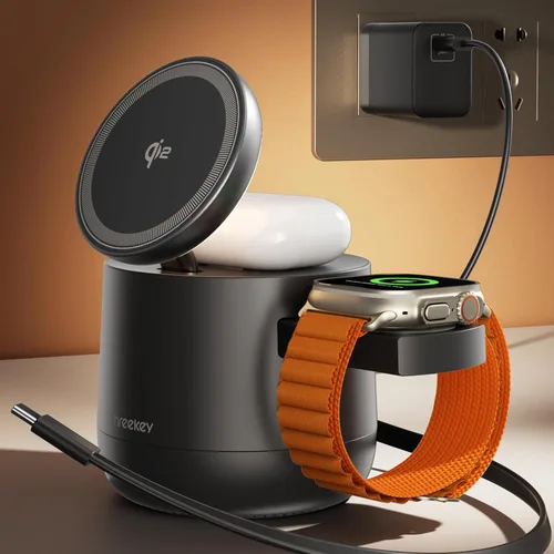 Estación de carga inalámbrica Magsafe 4 en 1 con certificación MFI de Apple, cargador Magsafe Qi2 de 15 W para iPhone serie 17/16/15/14/13/12, Negro