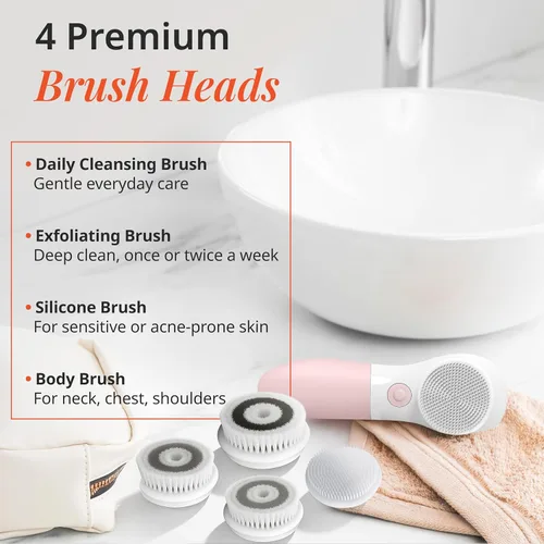 Vista 4 de Vanity Planet Raedia Cepillo de limpieza facial – Cepillo eléctrico de limpieza facial con 4 cabezales de cepillo exfoliantes – Impermeable