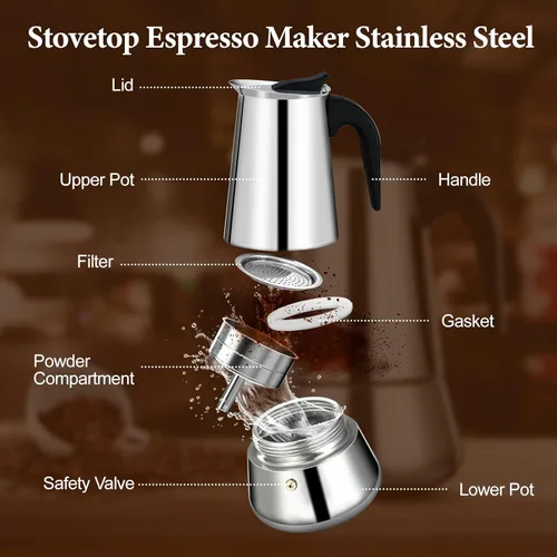 Vista 3 de Olla de Moka de 6 Tazas Cafetera Percoladora Italiana de Café 300ml para Estufa Espresso Mocha de Acero Inoxidable Cafetera Greca Clásica para Café