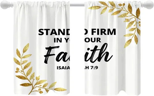Vista 84 de Shrahala Cortinas blancas S inspiradoras para ventanas de cocina, cortinas negras con palabras cristianas para cafetería, cortinas opacas