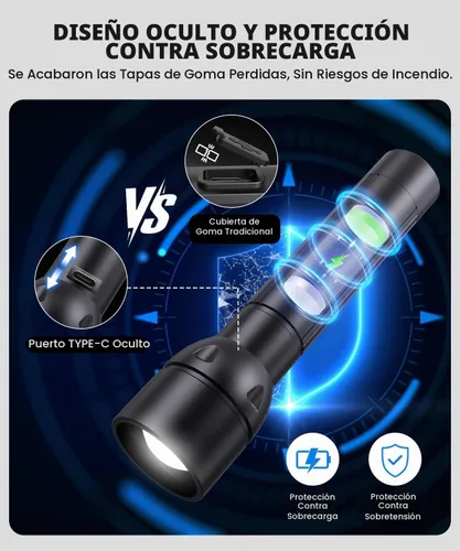 Vista 10 de Linterna recargable USB C de alto lúmenes, 800L, luz de flash súper brillante con 12 horas de larga vida, 5 modos, zoomable, impermeable, potentes
