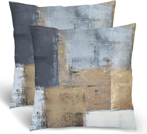 Vista 15 de BETGINY Juego de 2 fundas de almohada marrón y gris de 16 x 16 pulgadas, color gris pardo moderno, pintura de arte abstracto, para sofá, cama