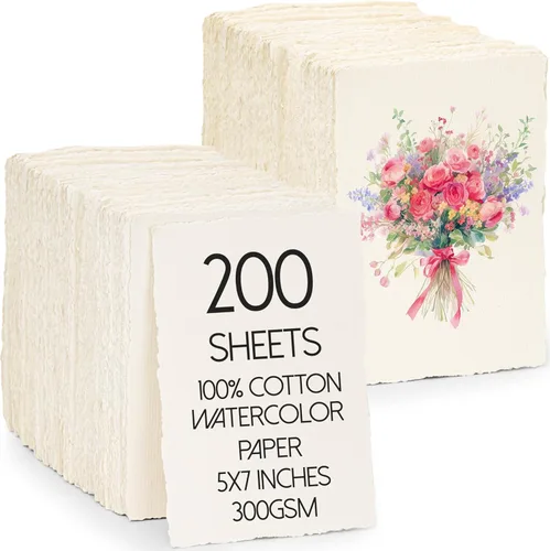Vista 8 de Oleitodh 200 hojas de papel de acuarela de algodón de 4 x 6 pulgadas, 140 lb/300 GSM, papel hecho a mano, cartulina de acuarela con borde deckled