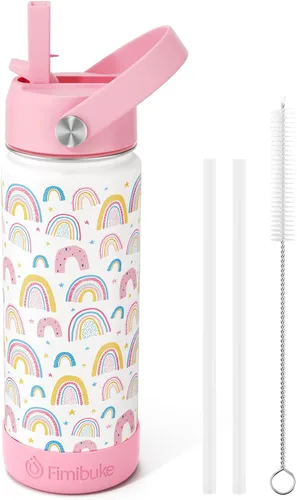 Fimibuke Botella de Agua Aislada para Niños, 18oz SIN BPA Acero Inoxidable 18/8 Vaso para Niños con Pajita Vaso de Viaje de Doble Pared al Vacío a