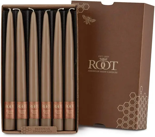 Root Candles Juego de 9 velas cónicas sin perfume, cera de abeja mejorada, anti goteo, hechas a mano, lisas, en caja, 9 pulgadas, color taupe Gris