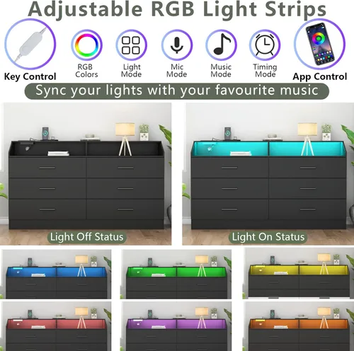 Vista 4 de Cómoda de 6 cajones, cómoda para dormitorio con toma de corriente, cómoda moderna con luz LED, cómoda de almacenamiento con compartimento de Negro