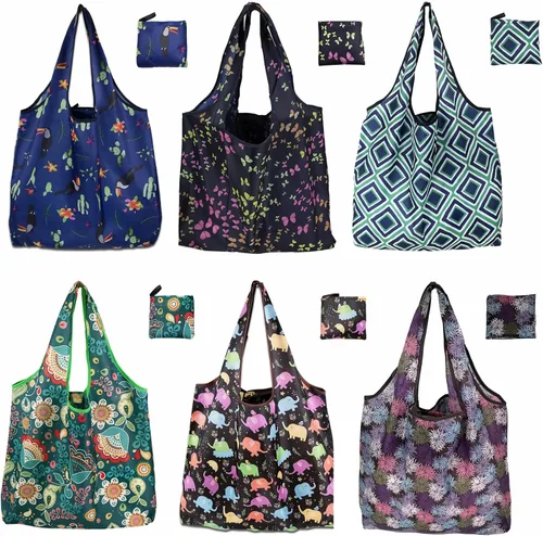 Vista 10 de Paquete de 6 bolsas de comestibles reutilizables resistentes con asas, bolsas de compras reutilizables para mujeres, plegables, lavables para 6