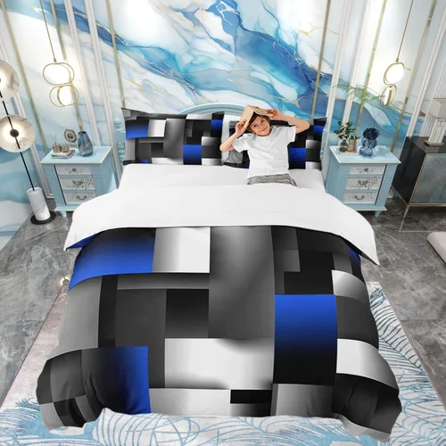 Vista 31 de Funda de edredón cuadrada azul, juego de ropa de cama de cuadrícula gris y blanca, funda de edredón moderna para decoración de habitación de niños